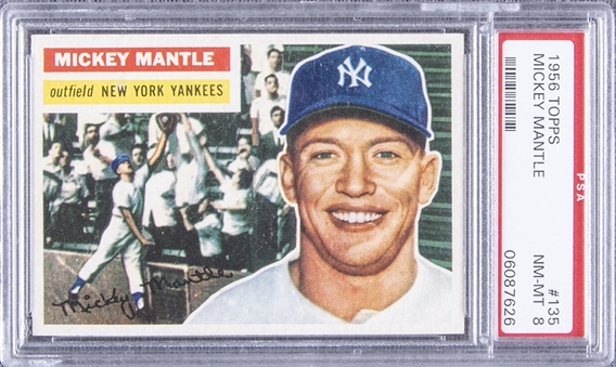 1956 Topps #135 Mickey Mantle, Gray Back – PSA NM-MT 8